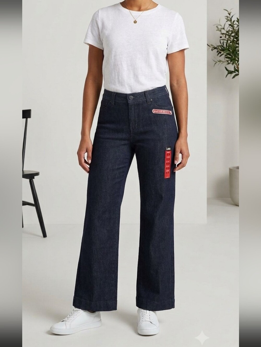 Lee Dark Indigo Wide-Leg Jeans with Red Patch Accents